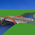Red Arch Bridge Spanning Blue River With White Railings And Green Grass