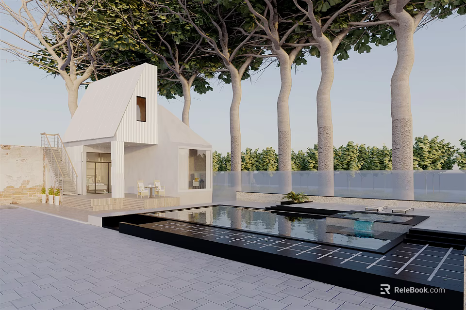 White Detached Villa Exterior With Tall Trees And Reflecting Pool In Courtyard 3d model 