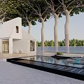 White Detached Villa Exterior With Tall Trees And Reflecting Pool In Courtyard