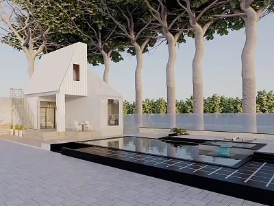 White Detached Villa Exterior With Tall Trees And Reflecting Pool In Courtyard 3d model