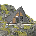 Triangular Roof Mountain Cabin On Rocky Hillside With Ocean View And Grass