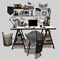 Stylish Home Office Desk With Table Lamp Laptop Shelves Chair And Potted Plant
