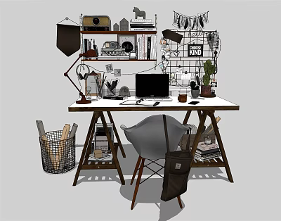 Stylish Home Office Desk With Table Lamp Laptop Shelves Chair And Potted Plant 3d model