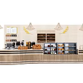Modern Reception Desk Design With Wooden Counter Hanging Lamps And Display Shelves