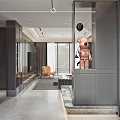 Modern Living Dining Room Interior With Grey Walls Red Circular Artwork And Marble Panel