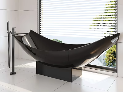 Modern Black Curved Bathtub In Bright Bathroom With Window And Green Plants 3d model