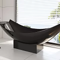 Modern Black Curved Bathtub In Bright Bathroom With Window And Green Plants