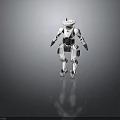 Futuristic White Robot With Disc Shaped Head And Mechanical Limbs Standing