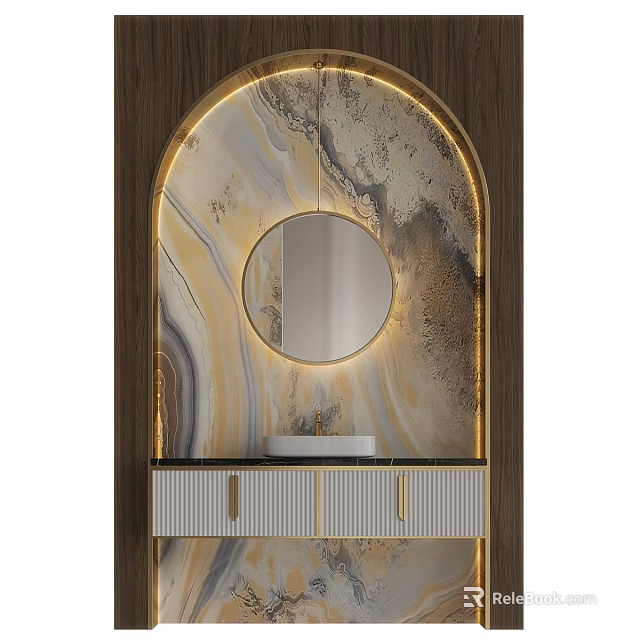 Modern Arched Backlit Vanity With Marble Backdrop Circular Mirror Wooden Frame And Golden Accents 3d model 