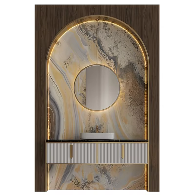 Modern Arched Backlit Vanity With Marble Backdrop Circular Mirror Wooden Frame And Golden Accents 3d model