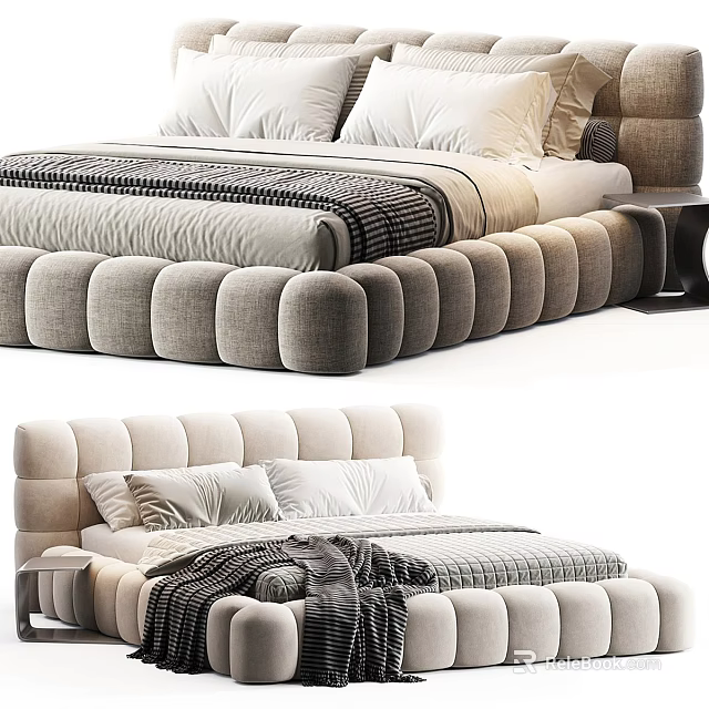Modern Double Bed With Upholstered Headboard Plush Pillows And Round Tufted Frame 3d model