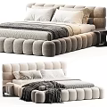 Modern Double Bed With Upholstered Headboard Plush Pillows And Round Tufted Frame 3d model
