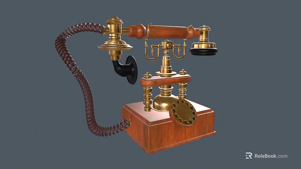 Vintage Telephone With Brass Components Wooden Base Coiled Cord And Rotary Dial 3d model 