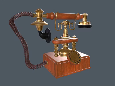 Vintage Telephone With Brass Components Wooden Base Coiled Cord And Rotary Dial 3d model