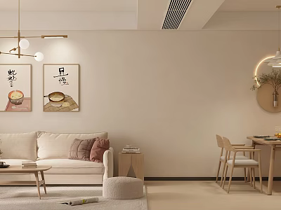 Modern Living Dining Room Interior With Beige Sofa Throw Pillows Decorative Paintings And Dining Chairs 3d model