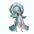 Game And Movie Character Female With High Bun Hair Golden Glasses Blue Cloud Pattern Costume