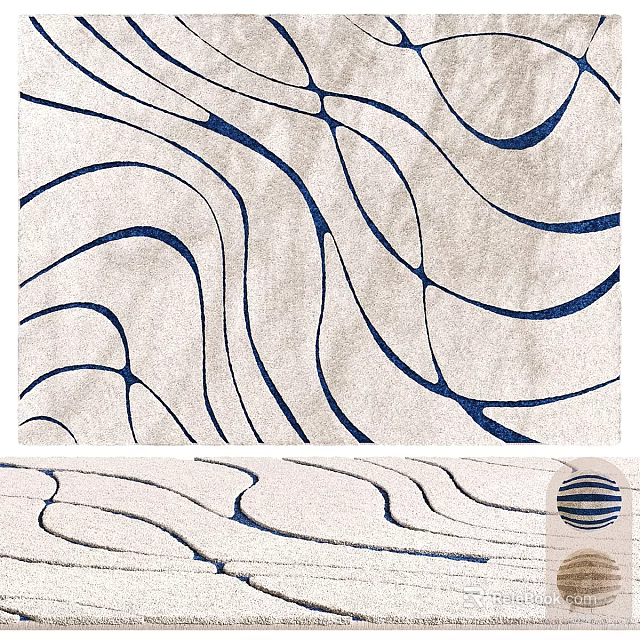 Light Colored Square Rug With Wavy Blue Lines And Abstract Pattern Design 3d model 