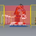 Industrial Robotic Arm With Yellow Safety Fence Handling Packaged Goods On Conveyor Belt