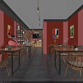 Intimate Restaurant Interior With Dining Tables Chairs Wall Paintings Red Decor And Diners