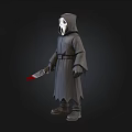 Eerie Horror Character Wearing Black Robe With White Mask And Bloody Knife