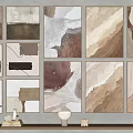 Abstract Art Paintings with Neutral Tones on Wall and Decorative Shelf with Vases