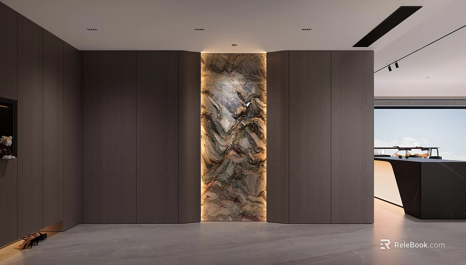 Modern Entryway Hallway Design With Marble Accent Wall Dark Wood Paneling And Recessed Lighting 3d model 