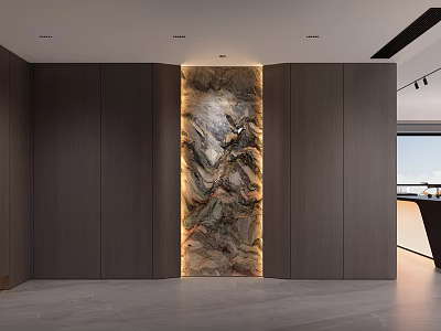 Modern Entryway Hallway Design With Marble Accent Wall Dark Wood Paneling And Recessed Lighting 3d model