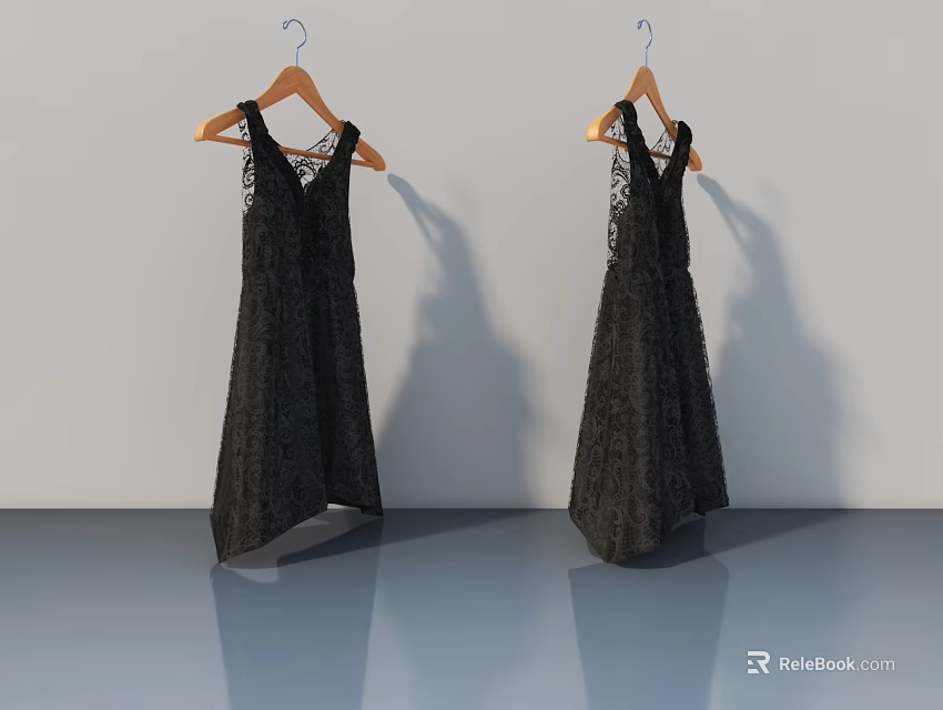 Black Lace Dresses Hanging On Hangers Against White Wall And Gray Floor 3d model 