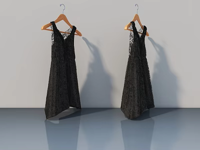 Black Lace Dresses Hanging On Hangers Against White Wall And Gray Floor 3d model