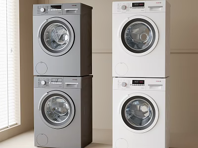 Stacked Gray And White Front Load Washing Machines In Home Interior 3d model
