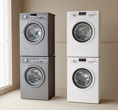 Stacked Gray And White Front Load Washing Machines In Home Interior 3d model