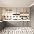 Modern Kitchen Interior With Gray Cabinets Geometric Tile Backsplash And Patterned Floor 3d model