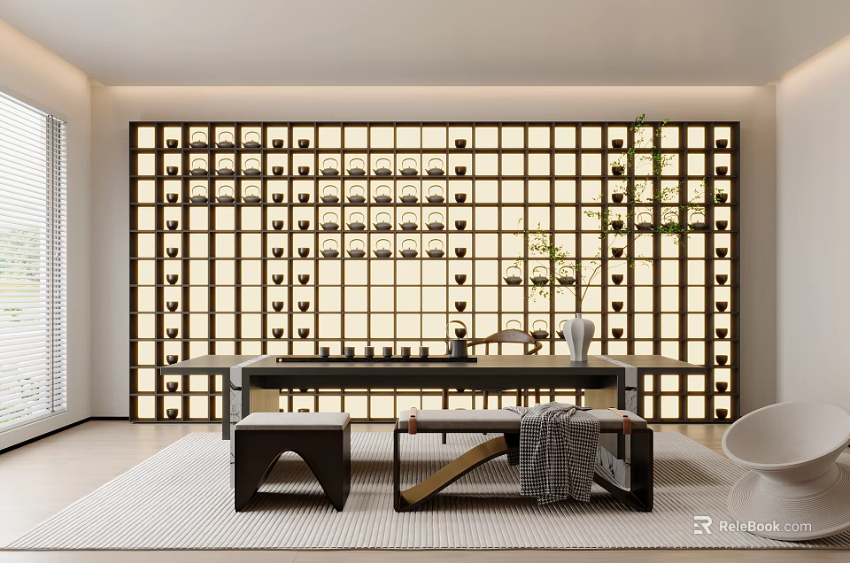 Modern Tea Room Interior With Lattice Screen Wooden Furniture Tea Sets And Potted Plants 3d model 