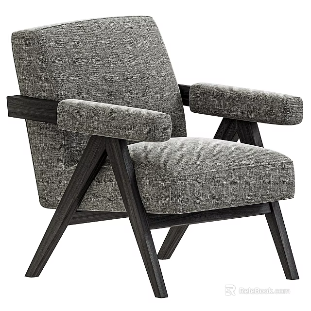 Gray Upholstered Modern Armchair with Wooden Arms and Tapered Legs for Living Room 3d model 