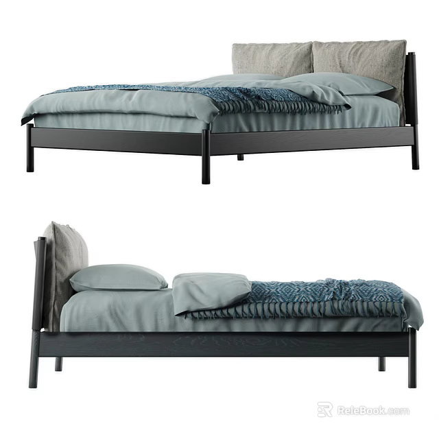 Modern Double Bed With Gray Bed Sheets Blue Blanket And Black Frame 3d model 