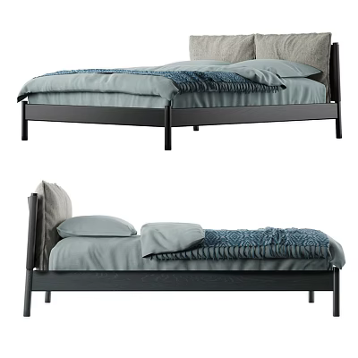 Modern Double Bed With Gray Bed Sheets Blue Blanket And Black Frame 3d model
