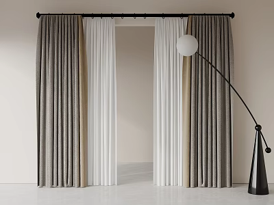 Modern Layered Gray And White Textured Curtains With Floor Lamp By Doorway 3d model