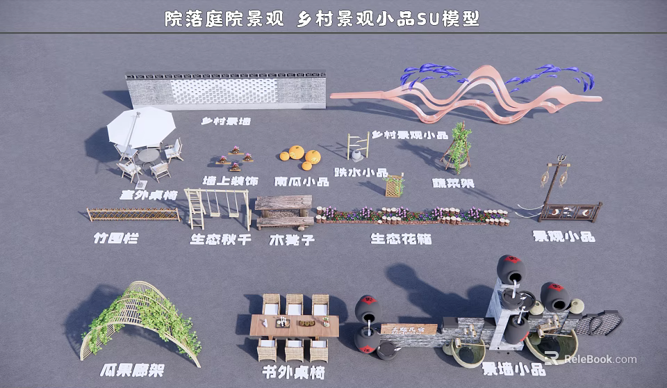 Rustic Garden Courtyard With Bamboo Fence Rest Pavilion Wooden Table And Flower Boxes 3d model 