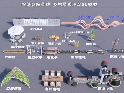 Rustic Garden Courtyard With Bamboo Fence Rest Pavilion Wooden Table And Flower Boxes 3d model