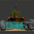 3D Model Wooden Boat With Green Roof Blue White Sails Rocks Water Sand And Fish