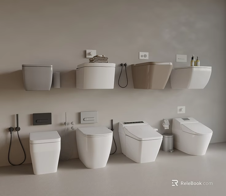 Various Styled Toilets Including Wall Mounted And Floor Standing In Different Colors 3d model 