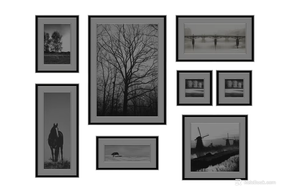 Black and White Horse Animal Painting in Framed Art Collection with Landscape Scenery 3d model 