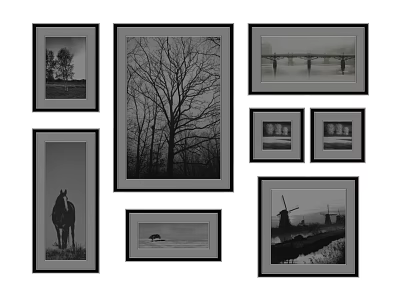 Black and White Horse Animal Painting in Framed Art Collection with Landscape Scenery 3d model