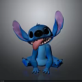 Blue Stitch with Big Ears and Pink Inner Ears Sitting and Sticking Out Tongue