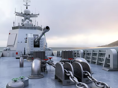 Warship Deck Featuring Main Gun Anchor Chains And Naval Superstructure At Sea 3d model
