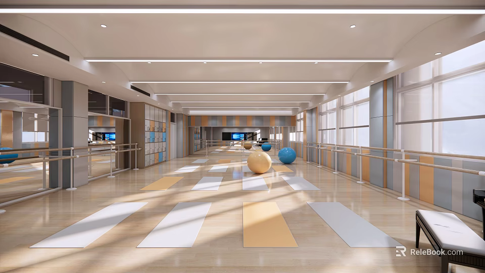 Bright Spacious Fitness Studio Featuring Colorful Yoga Mats Mirror Wall Lockers and Exercise Balls 3d model 