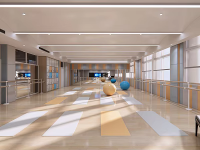 Bright Spacious Fitness Studio Featuring Colorful Yoga Mats Mirror Wall Lockers and Exercise Balls 3d model