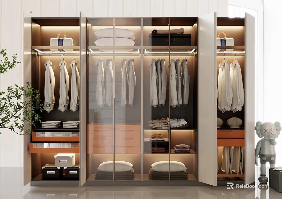 Modern Wardrobe Design With Hanging Rails Folded Shelves Drawers And LED Lighting 3d model 