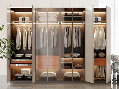 Modern Wardrobe Design With Hanging Rails Folded Shelves Drawers And LED Lighting 3d model