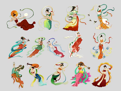 Traditional Dunhuang Feitian Fairy Wall Decor With Colorful Ribbons And Elegant Figures 3d model